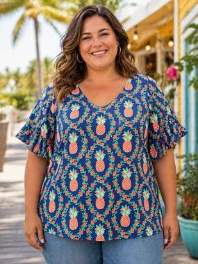 Crown & Ivy Pineapple Floral Top 3X NWT Ruffle Bell Sleeve Tropical Boho.